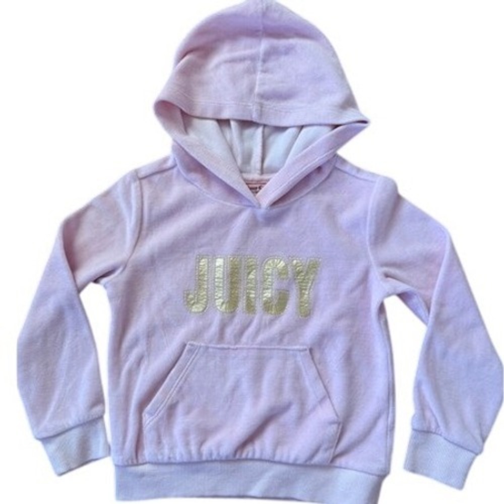 Juicy‎ Couture Kids Pink Velour Hoodie Gold Metallic Logo Pullover Size 5